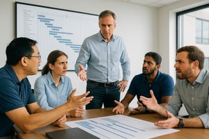 Engineering team having a heated discussion around a project Gantt chart during priority reshuffling in a conference room.