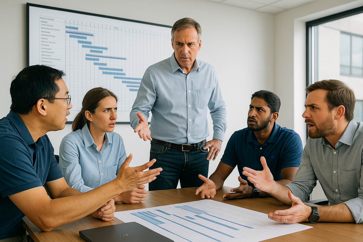 Engineering team having a heated discussion around a project Gantt chart during priority reshuffling in a conference room.