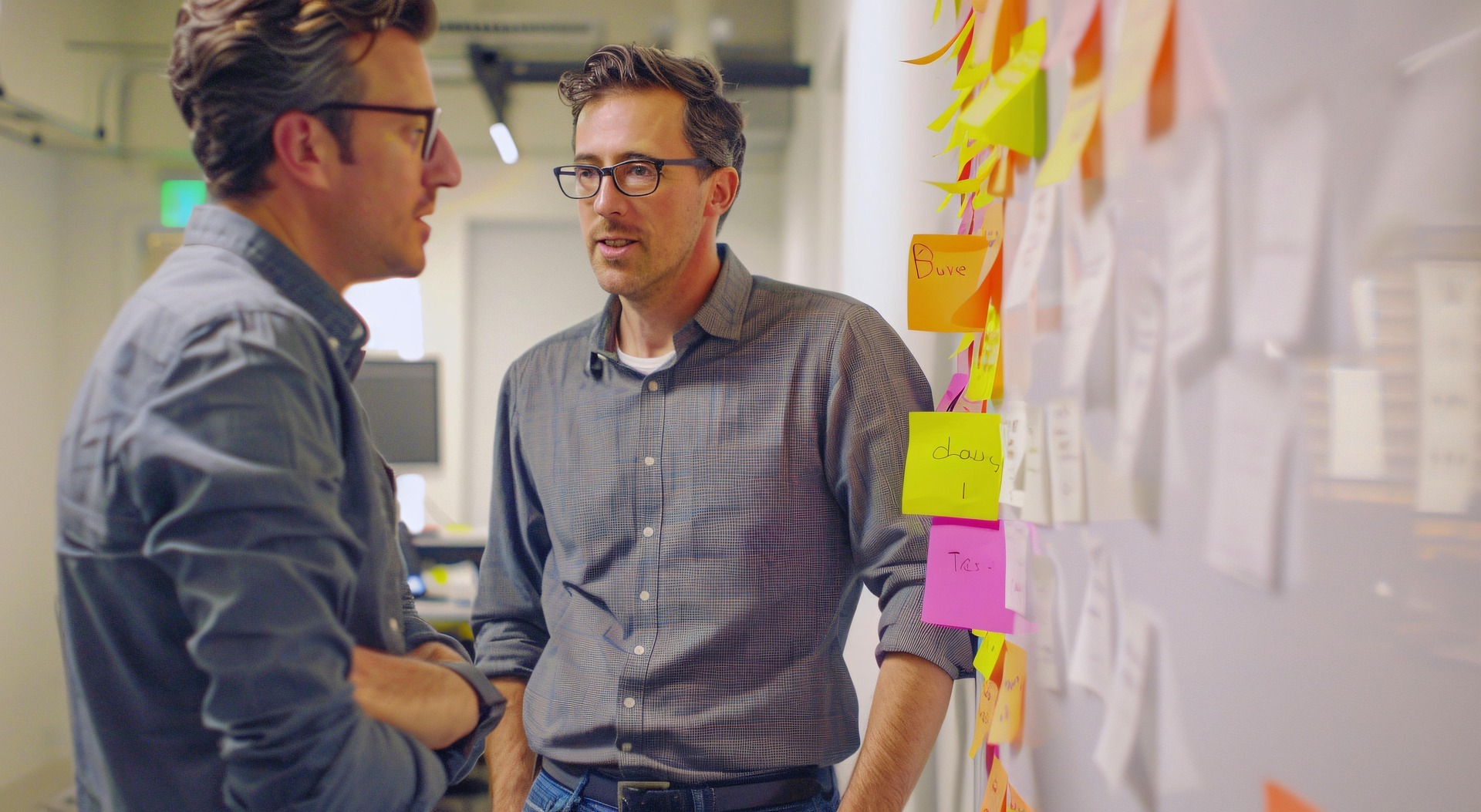 Two engineers having a casual discussion in front of a wall covered with colorful sticky notes during a problem-solving session.